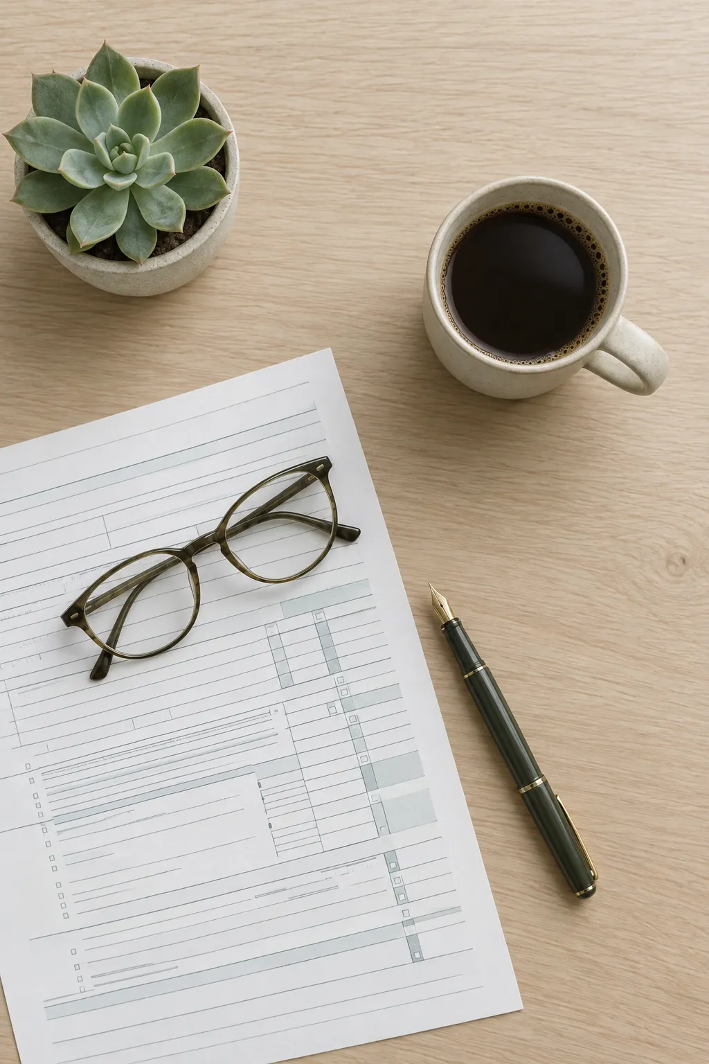 Tax forms, reading glasses, and a pen on a wooden desk